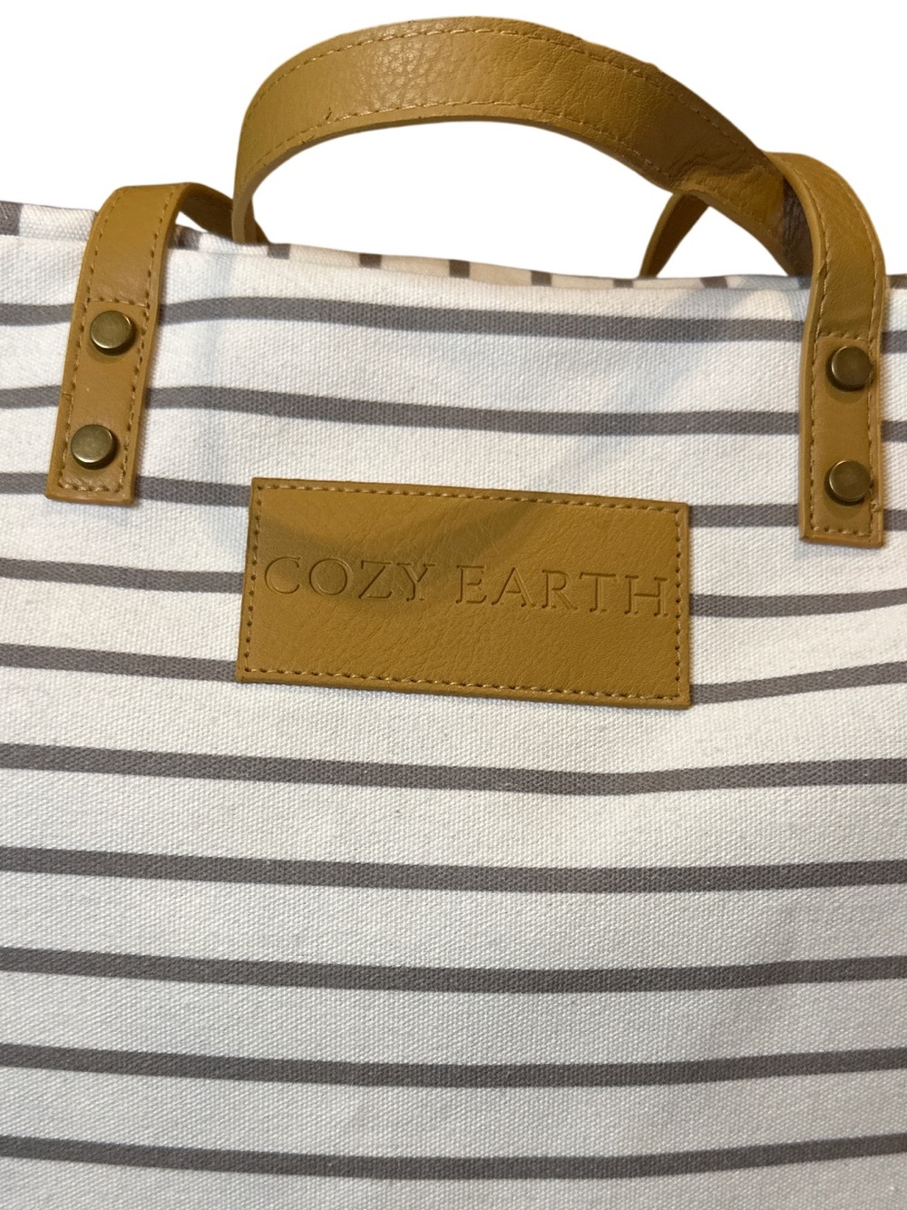 Cozy Earth Striped Travel Tote in White and Gray with Tan Handles - Picture 2 of 5